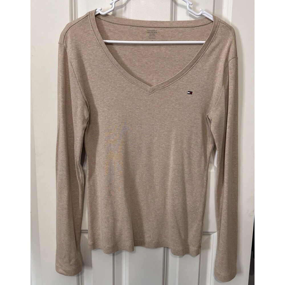 Tommy Hilfiger Women’s Medium V-Neck Long Sleeve T-Shirt Y2K Era Khaki Stretch